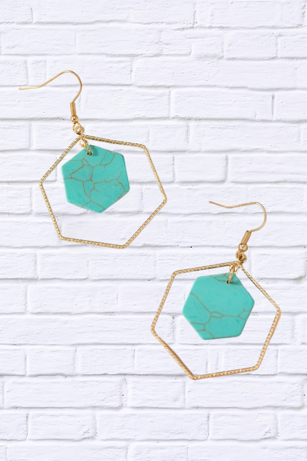 Hexagon Hoop and Stone Drop Earrings