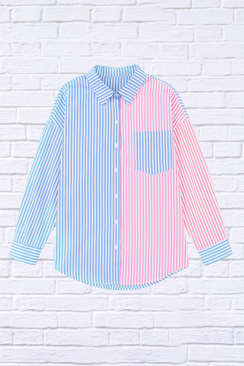 Striped Two-Tone Long Sleeve Shirt with Pocket