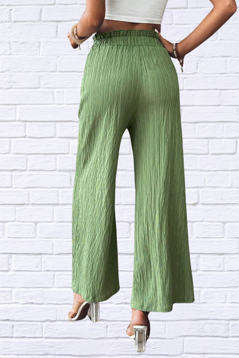 Green Pocketed Elastic Waist Wide Leg Pants