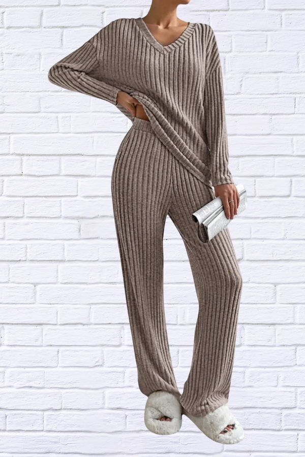 Ribbed V-Neck Top and Pants Set