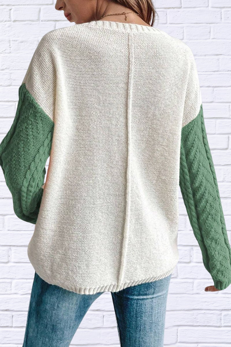 Cream and Green Round Neck Long Sleeve Sweater