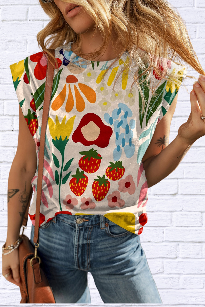 Jolene Printed Round Neck Cap Sleeve T-Shirt