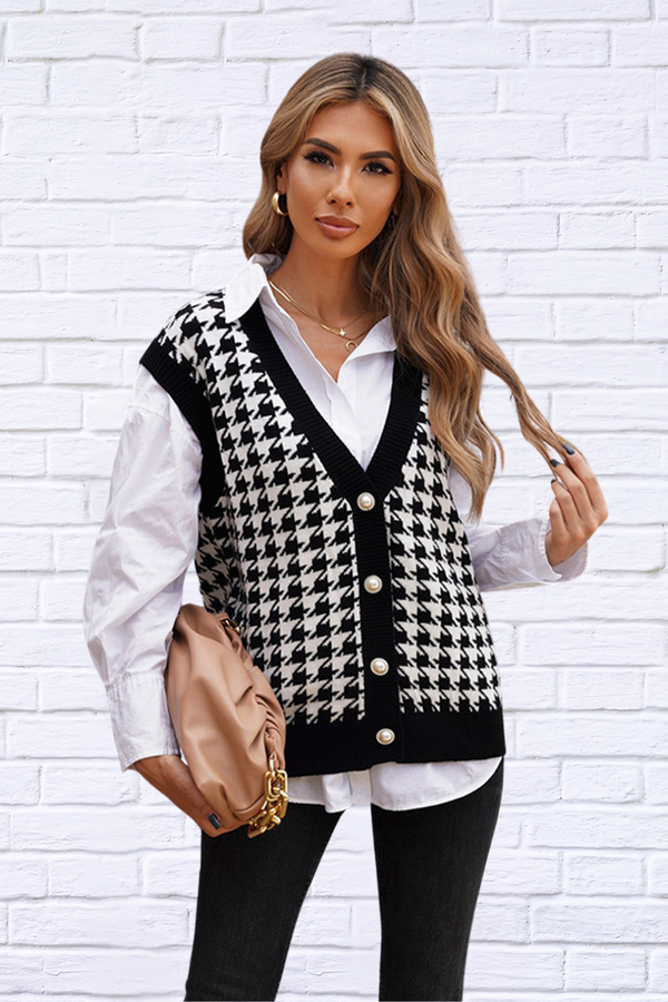 Houndstooth Button Front Sweater Vest