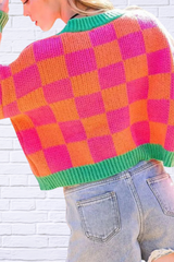 V - Neck Checkered Pink and Orange Sweater