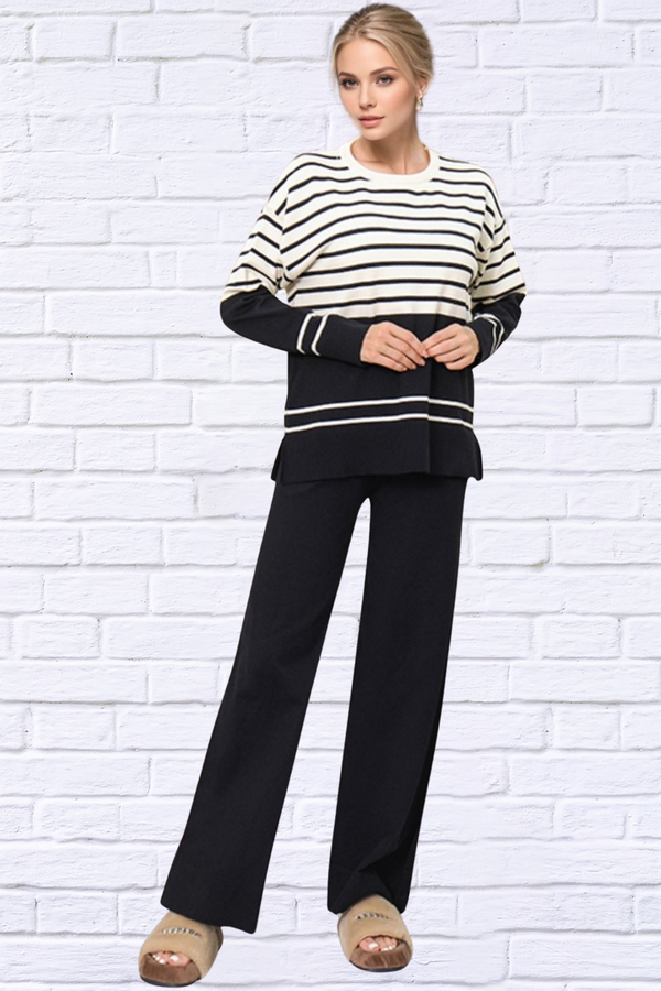 Cosy Striped Round Neck Long Sleeve Top and Pants Sweater Set