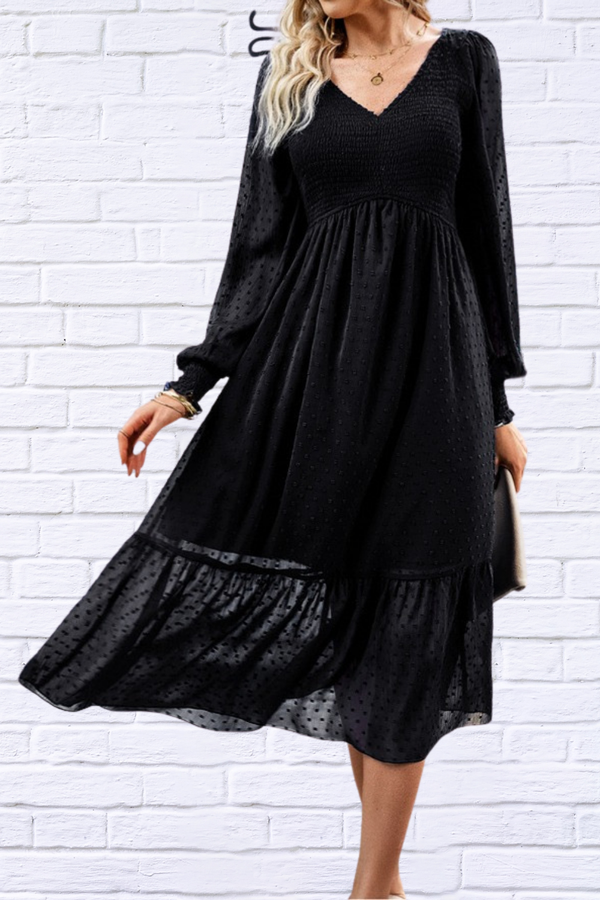 Women's Dot Long Sleeve Smocked Midi Dresses V Neck High Waist Tiered Flowy Hem A Line Long Dress