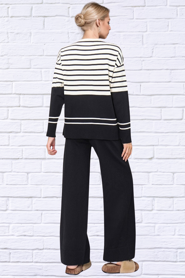 Cosy Striped Round Neck Long Sleeve Top and Pants Sweater Set