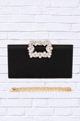 Crystal Buckle Metallic Box Clutch