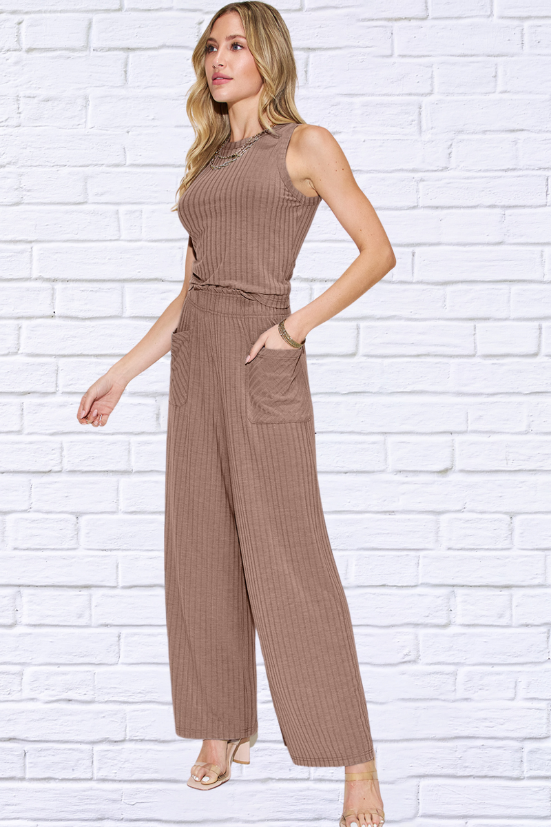 Full Size Ribbed Tank and Wide Leg Pants Set