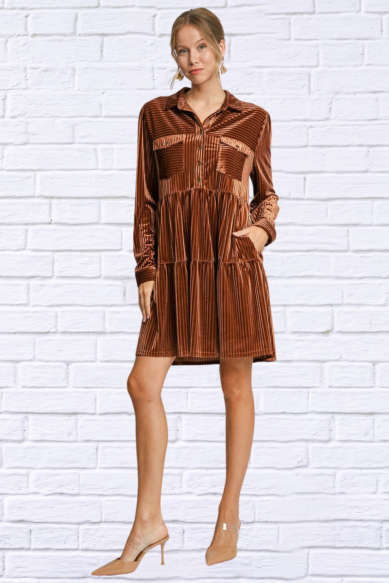 Umgee Copper Texture Tiered Collared Long Sleeve Dress