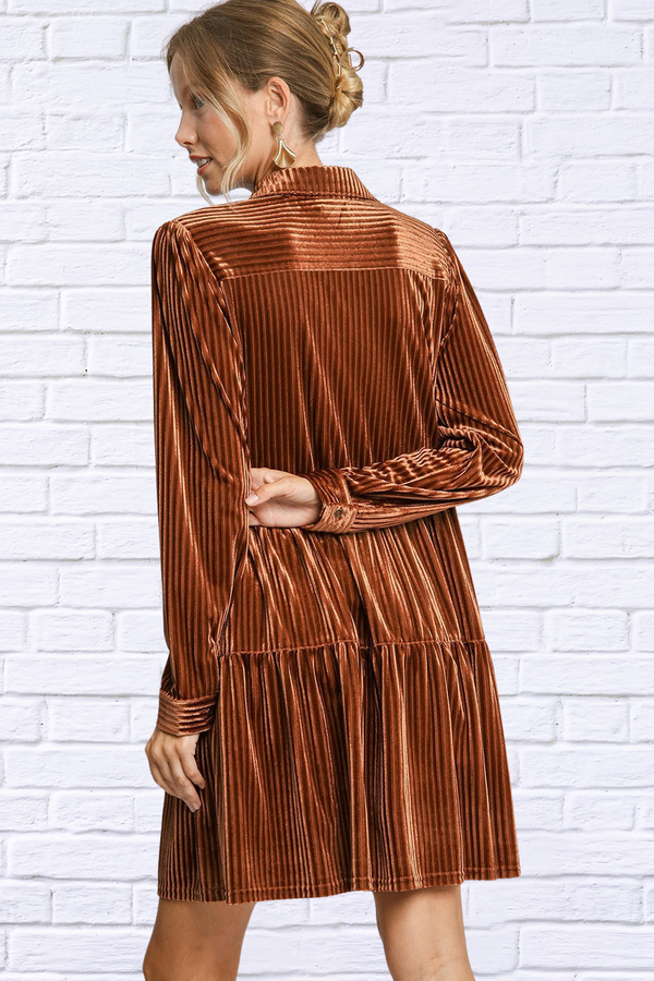 Umgee Copper Texture Tiered Collared Long Sleeve Dress