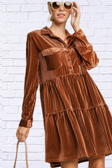 Umgee Copper Texture Tiered Collared Long Sleeve Dress