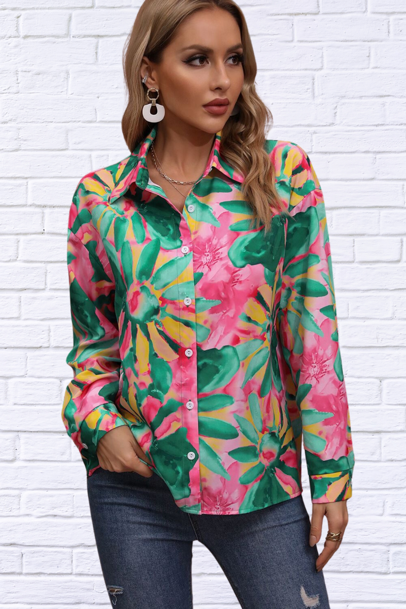 Green and Pink Floral Print Collared Neck Long Sleeve Shirt