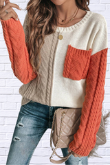 Cream and Green Round Neck Long Sleeve Sweater