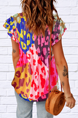 Ruffled Printed Tie Neck Cap Sleeve Blouse