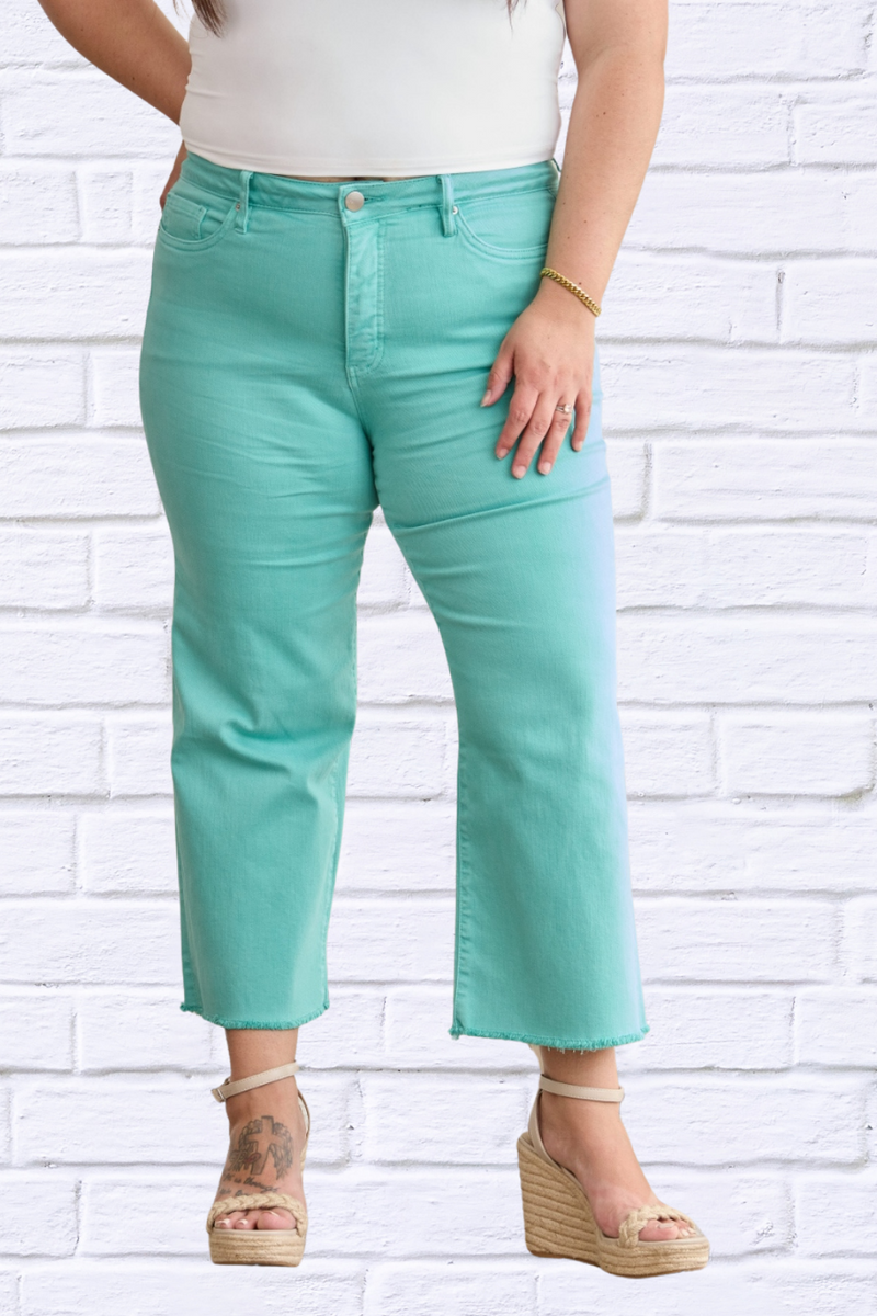 Island Green Crop Chloe Full Size Tummy Control High Waist Raw Hem Jeans