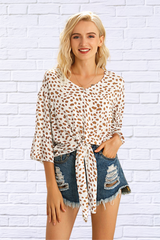 Tied Printed Button up V-Neck Blouse