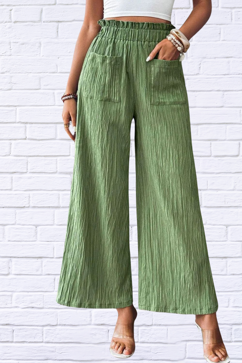 Green Pocketed Elastic Waist Wide Leg Pants