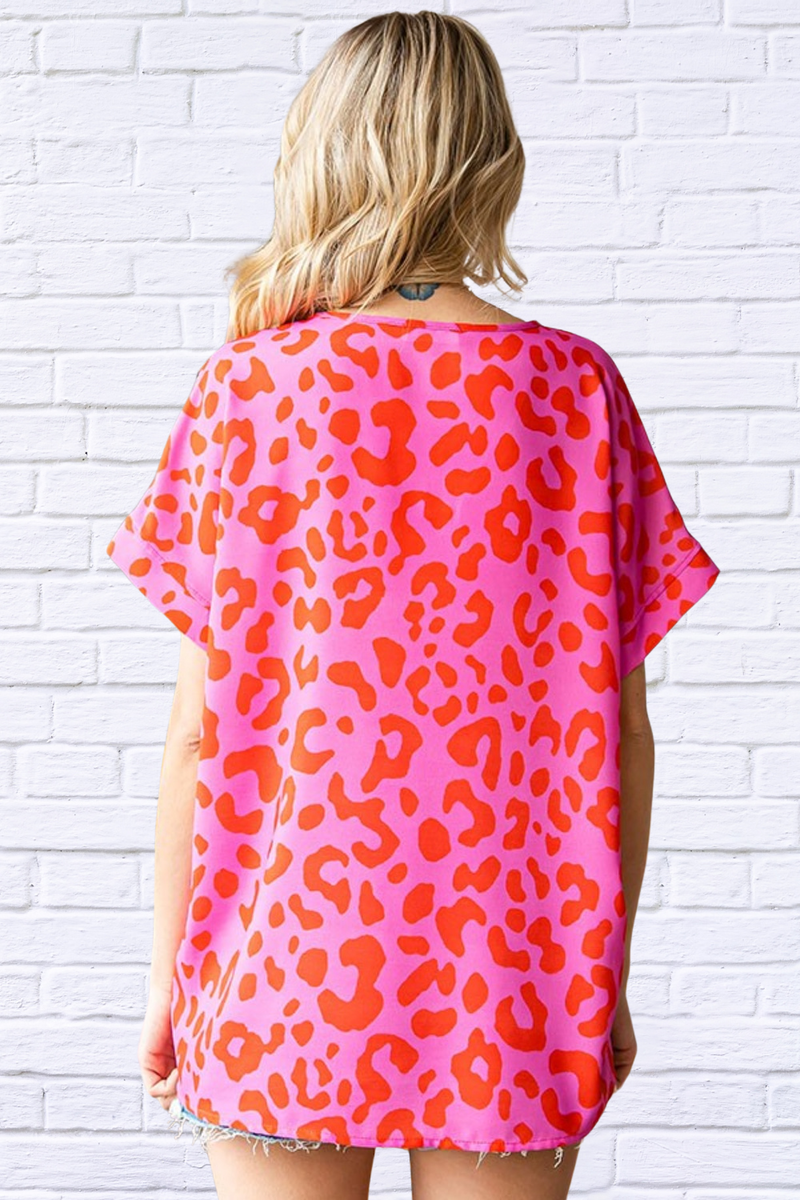 Leopard V-Neck Short Sleeve Woven Top