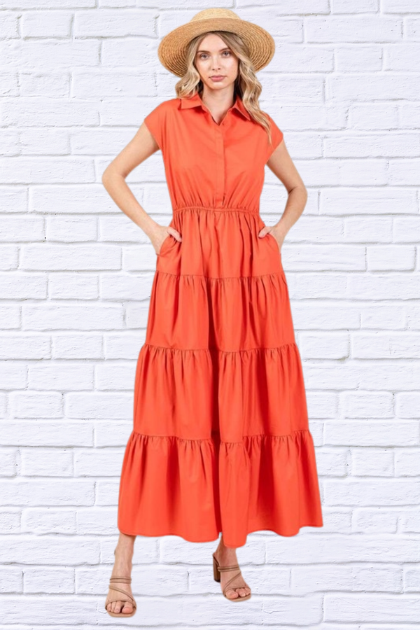 Orange Button Up Collared Tiered Maxi Shirt Dress