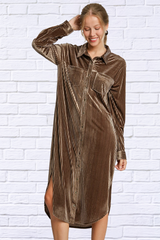 Umgee Brown Texture Curved Hem Button Down Shirt Dress