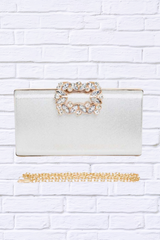 Crystal Buckle Metallic Box Clutch