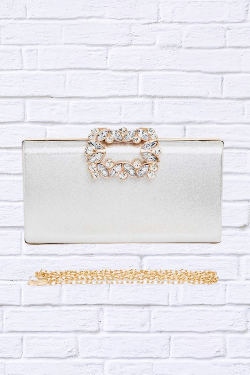 Crystal Buckle Metallic Box Clutch