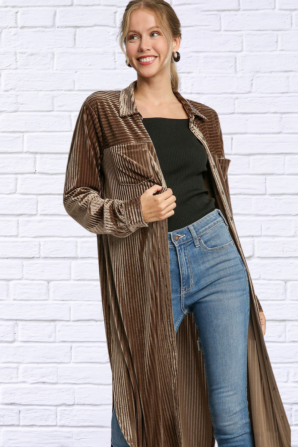 Umgee Brown Texture Curved Hem Button Down Shirt Dress