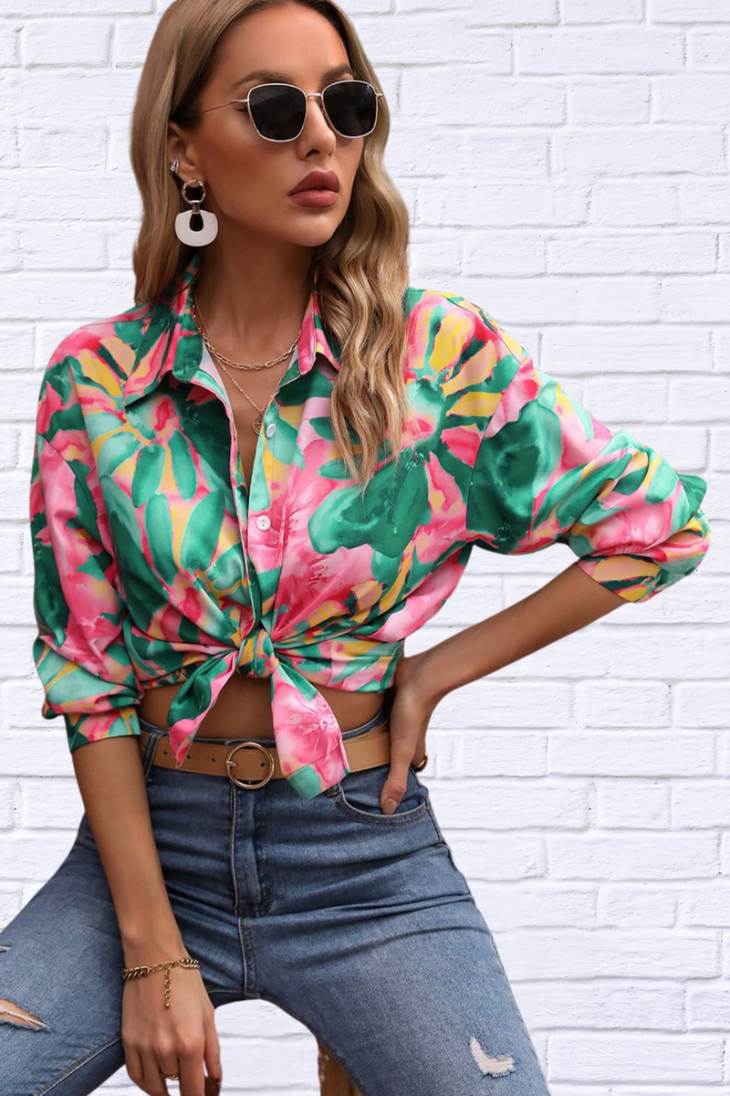 Green and Pink Floral Print Collared Neck Long Sleeve Shirt