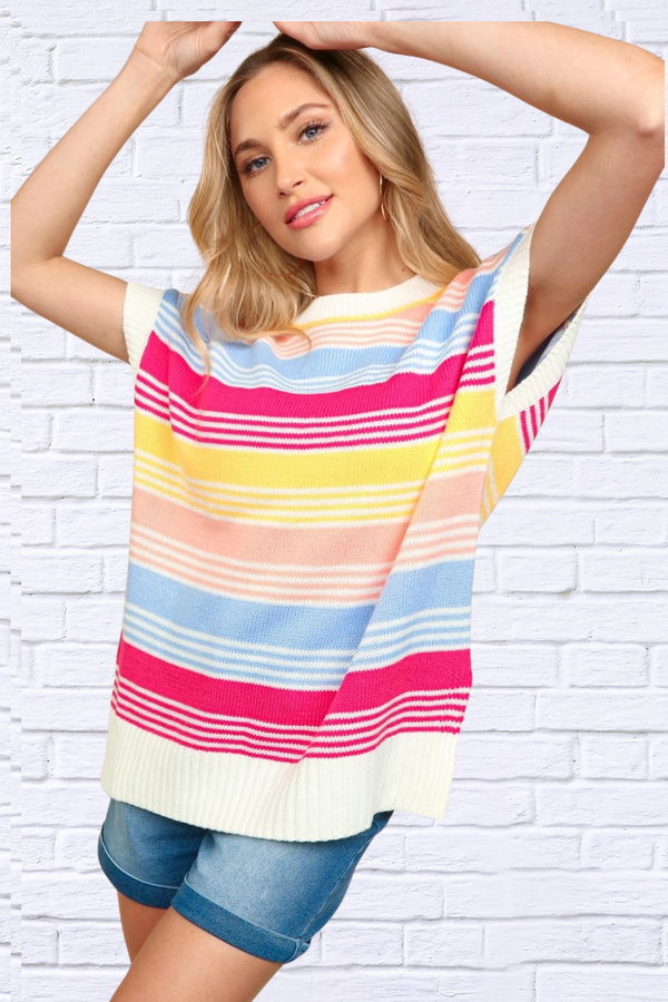 Striped Side Slit Short Sleeve Knit Top