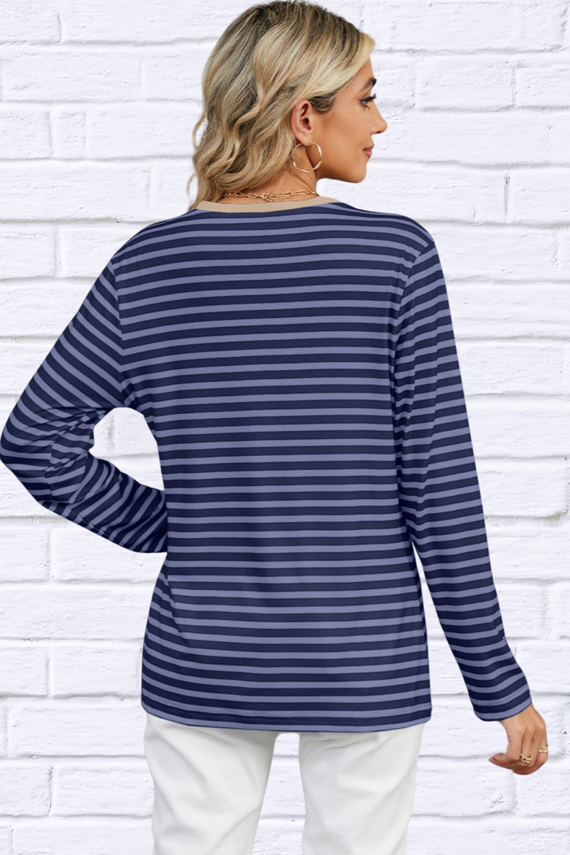 Striped Notched Long Sleeve T-Shirt