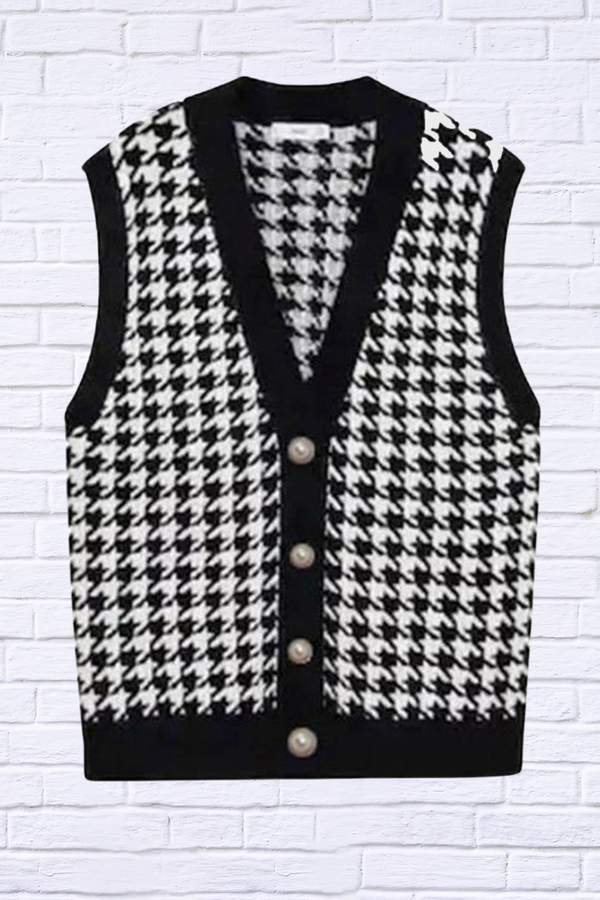 Houndstooth Button Front Sweater Vest