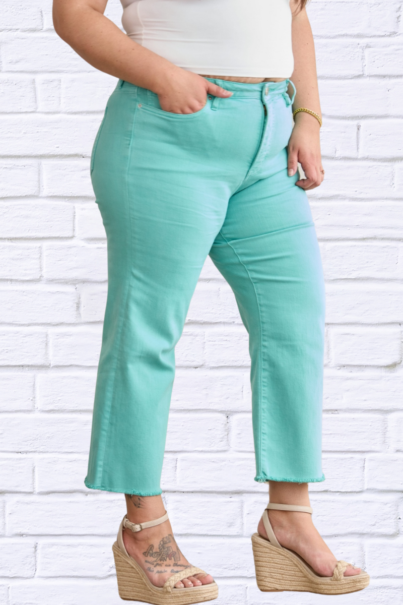 Island Green Crop Chloe Full Size Tummy Control High Waist Raw Hem Jeans