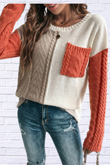 Cream and Green Round Neck Long Sleeve Sweater