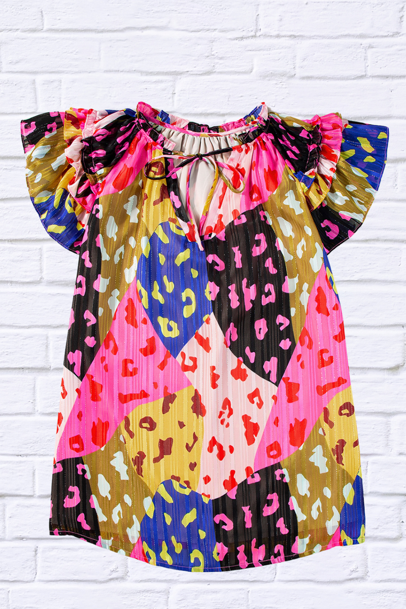 Ruffled Printed Tie Neck Cap Sleeve Blouse