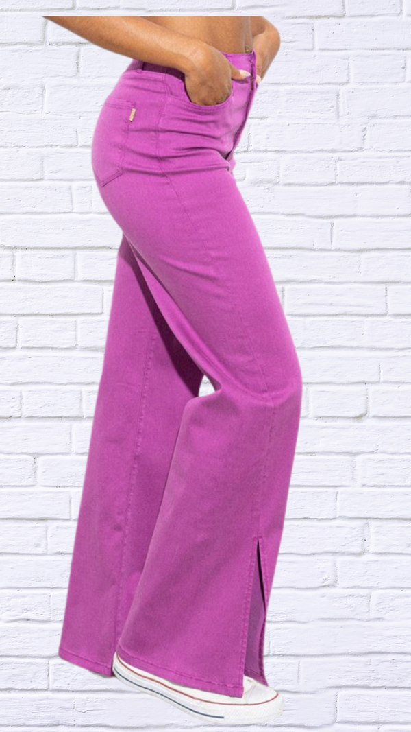 Pink Front Slit Wide Leg Tencel Pants