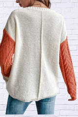 Cream and Green Round Neck Long Sleeve Sweater