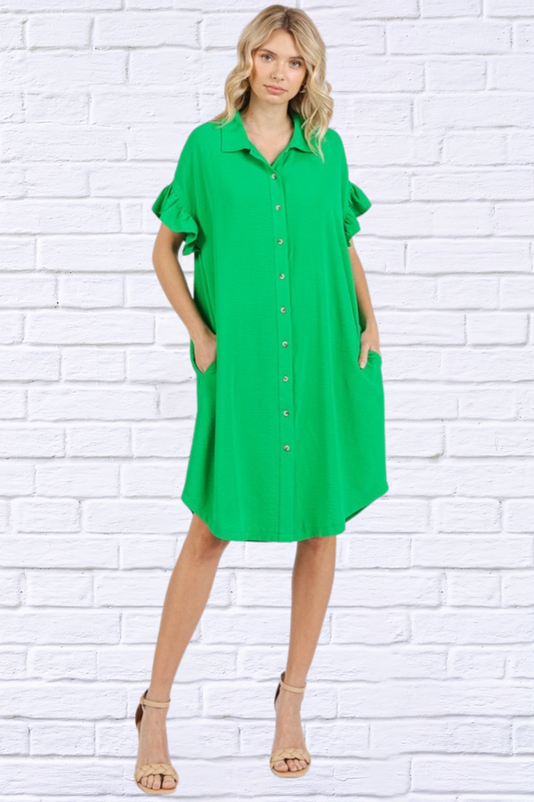 Green Button Down Flounce Sleeve Dress with Pockets