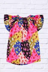 Ruffled Printed Tie Neck Cap Sleeve Blouse