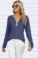 Striped Notched Long Sleeve T-Shirt