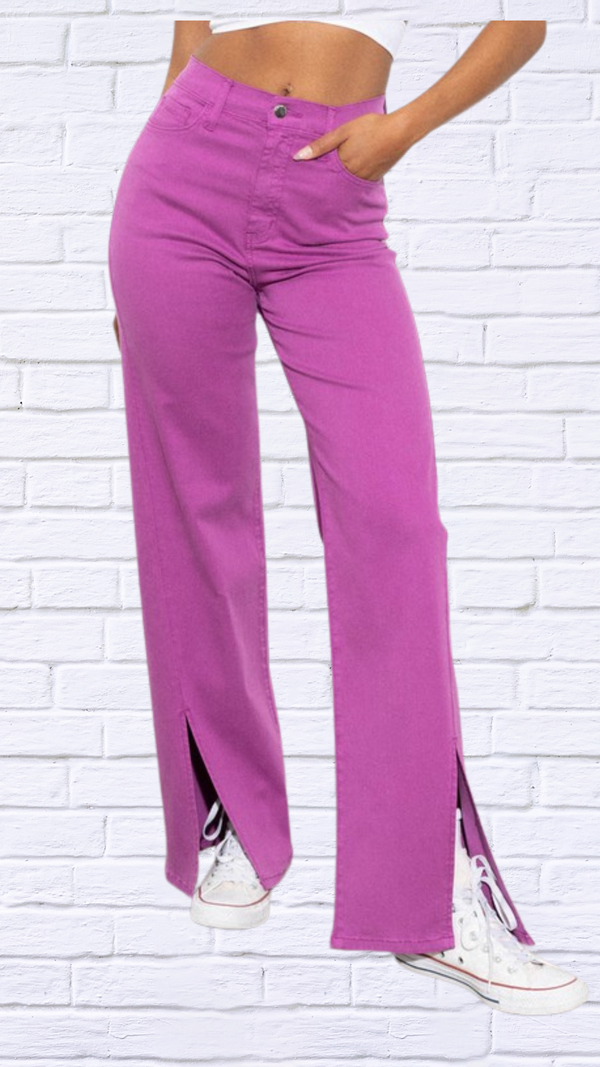 Pink Front Slit Wide Leg Tencel Pants