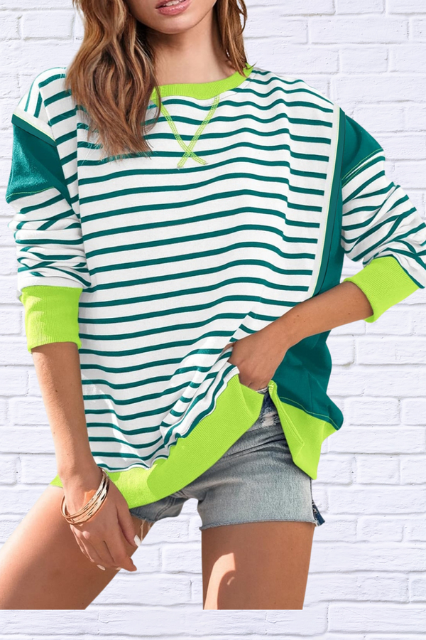 Slit Exposed Seam Striped Long Sleeve Sweatshirt