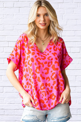 Leopard V-Neck Short Sleeve Woven Top