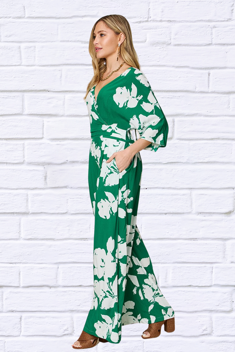 Double Take Full Size Printed Tie Back Wide Leg Jumpsuit