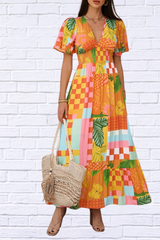 Smocked Printed V-Neck Short Sleeve Maxi Dress