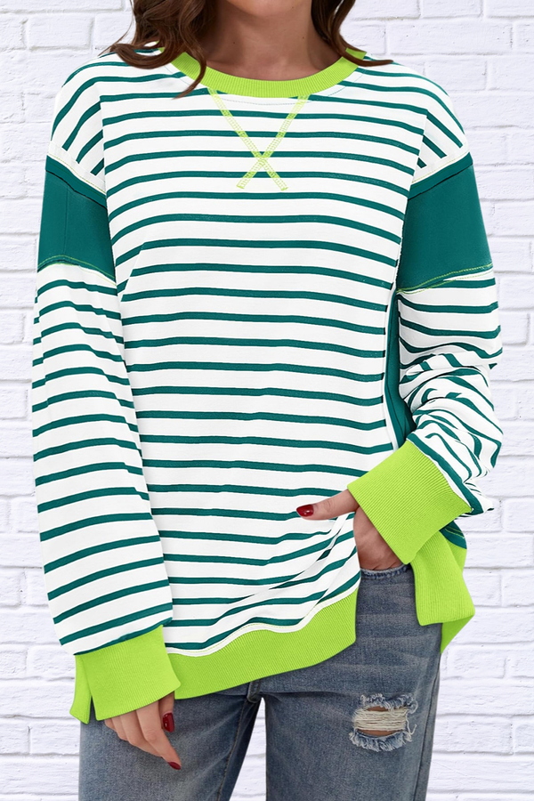 Slit Exposed Seam Striped Long Sleeve Sweatshirt