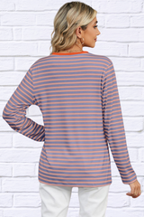 Striped Notched Long Sleeve T-Shirt