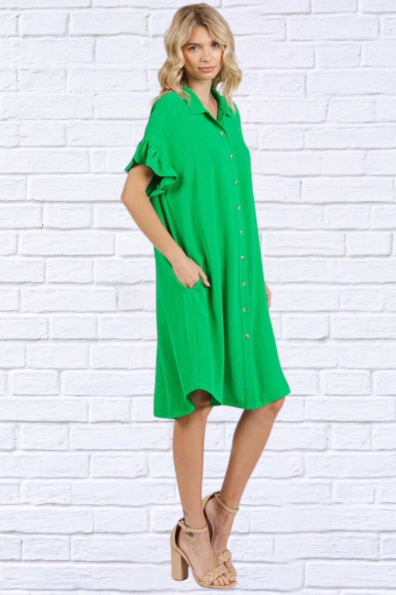 Green Button Down Flounce Sleeve Dress with Pockets