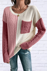 Cream and Green Round Neck Long Sleeve Sweater