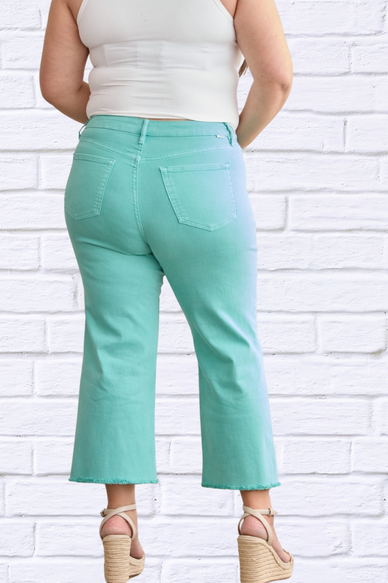 Island Green Crop Chloe Full Size Tummy Control High Waist Raw Hem Jeans